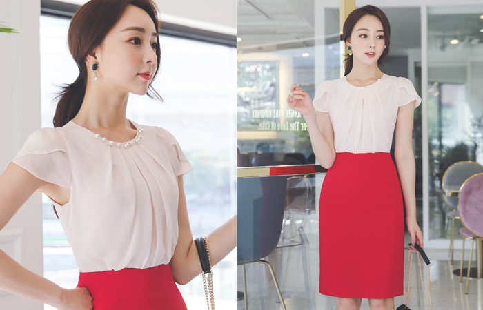Pearl Shirring Tulip Sleeves Two-piece Color Combination Dress