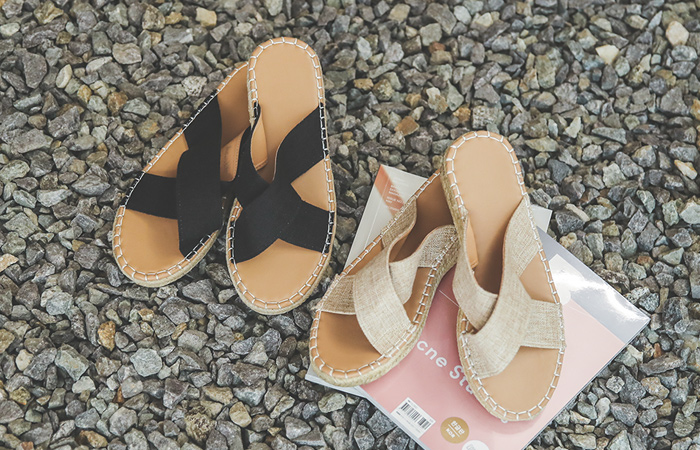 Rattan Cross Strap Stitch Wedge Sandals