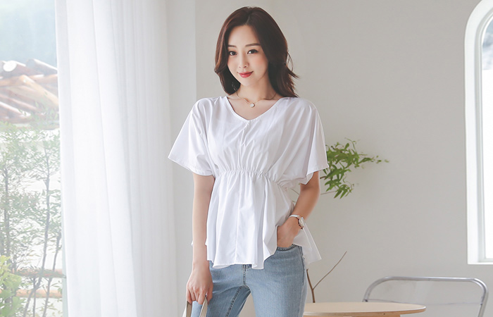 Two-way Pintuck Flared Cotton Batwing Sleeve Blouse