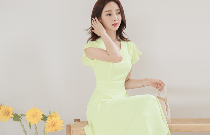 Embroidery Trimming Wing Sleeves Chiffon Dress