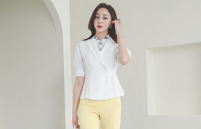 Side Silver-Button Puff Wrap Peplum Jacket