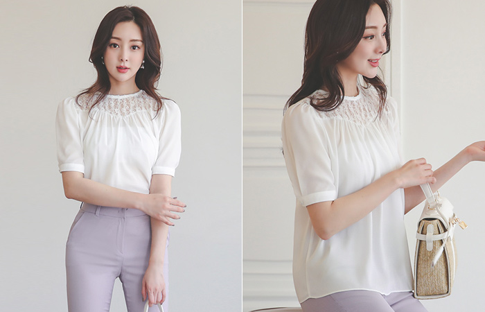 Lace See-through Shirring Blouse