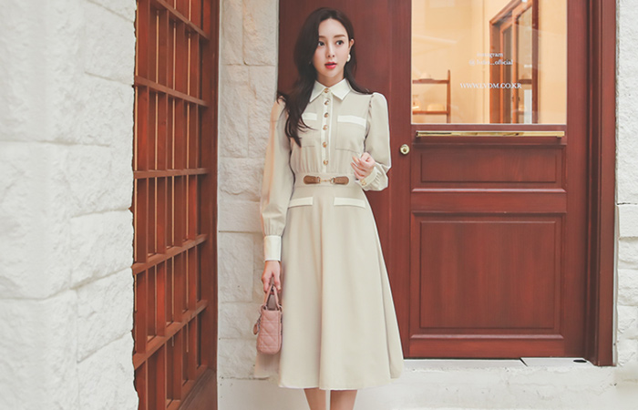 Stella Pocket Color Combination Gold Buckle Shirt Dress