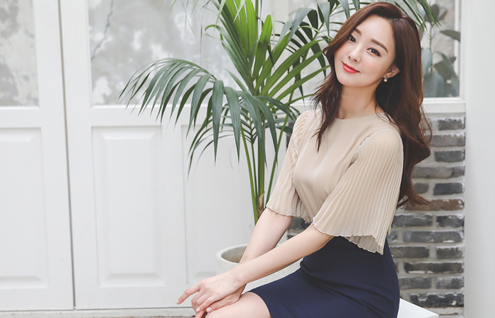 Round Chiffon-Sleeves Pleats Blouse