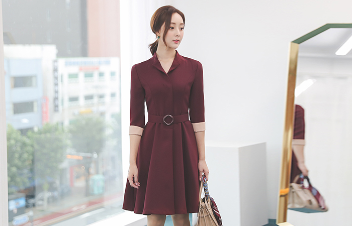 Wing Collar Belted Colored-Sleeves Flared Dress(fall)