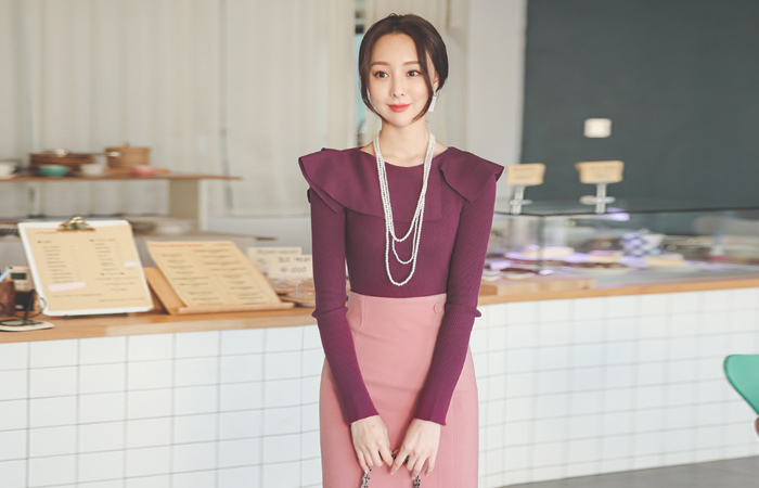 Flounce Slit Cuffs Modal Slim Knit