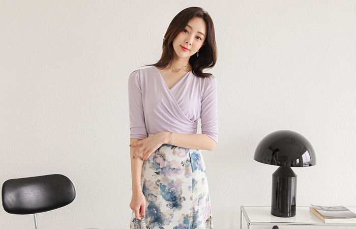 Skily Shirring Wrap Style Span T-shirt(Three-Quarter Sleeves)