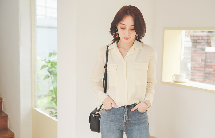 Pleat Flap Pocket Open-Collar Blouse