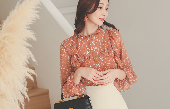 Mini Dot Ruffle Line Frill Neck Blouse