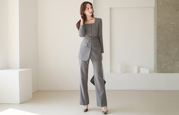 Square Neck Single Belted Jacket&Wide Slacks SET