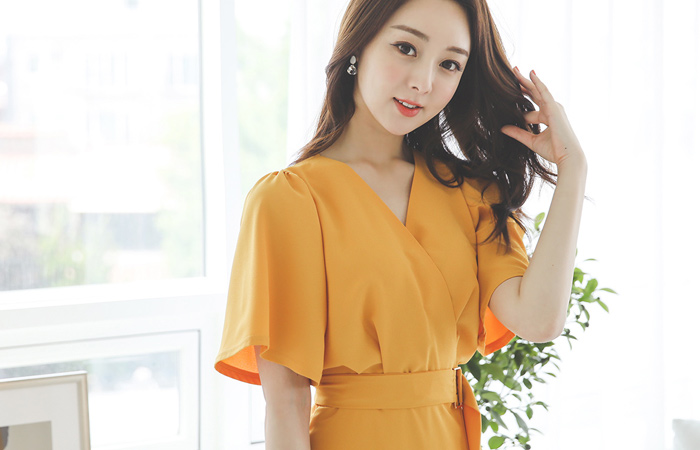 Wing Sleeves Belted Unbalance Gored Dress