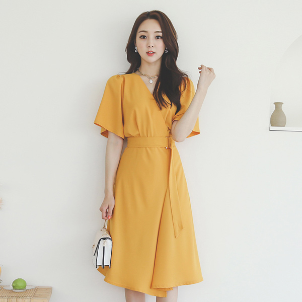 Wing Sleeves Belted Unbalance Gored Dress