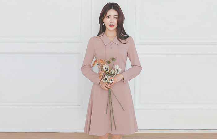 Big Collar Bean Button Pintuck Flared Dress