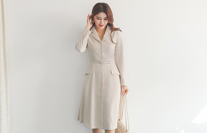 Flap Pocket Belted Tailored Span Dress