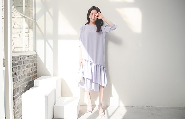 Diagonal Cancan Ruffle Long Dress