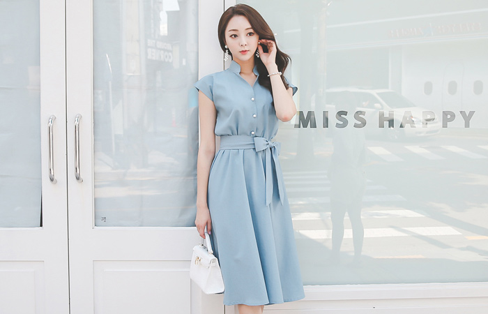 Pearl Button Shirt Flare Dress