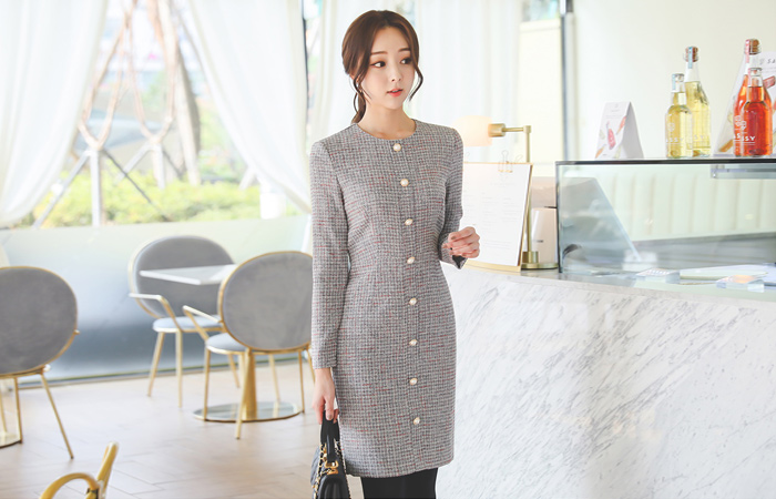 Coco Round Pearl Button Tweed Dress