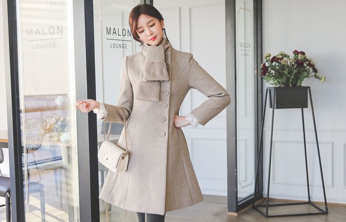 Eco Fur Muffler set Single Button A-line Wool Coat