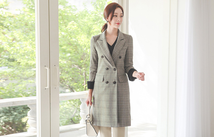 Sleeves Color Combination Check Double-button Long Jacket