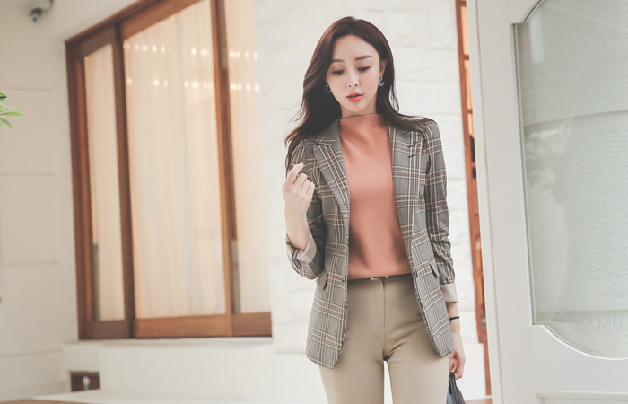 Plaid Check Tapping Colored-Sleeves Single Jacket