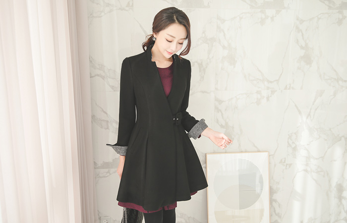 Slit Standing Neck Beaded Flare Wool Coat