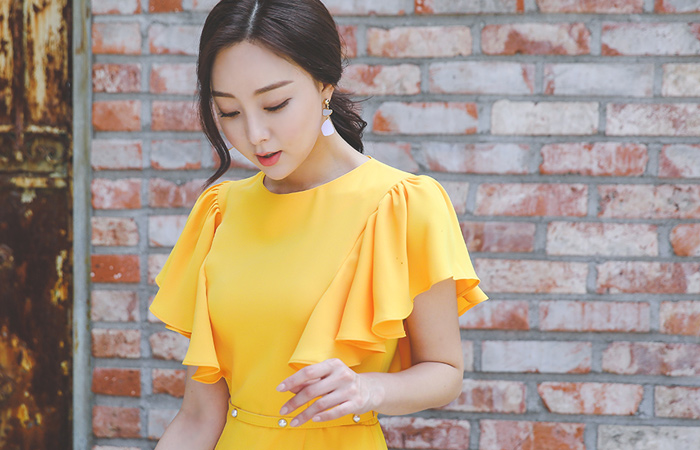 wing Sleeves Pearl Belted Dress