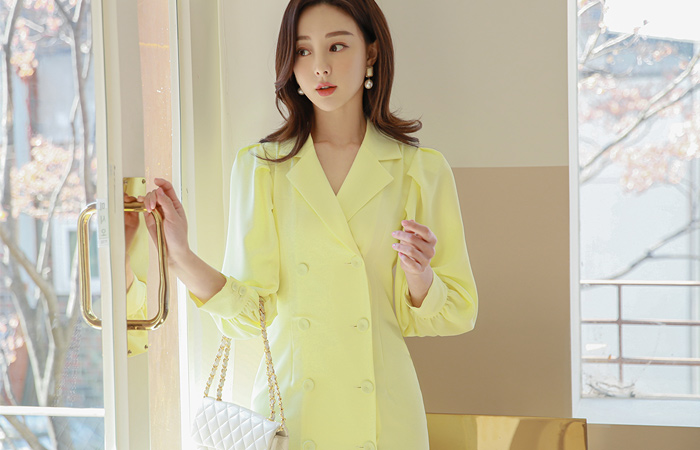 Pastel Shirring Puff Double-button Collar Dress