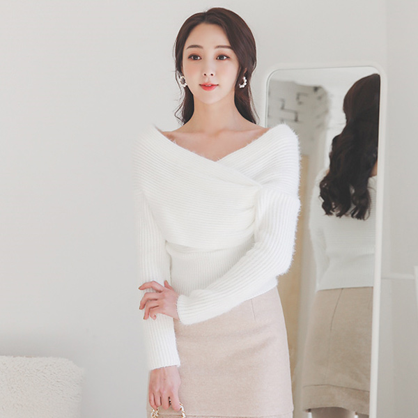feminine shirring lap Off shoulder wing knit Knit