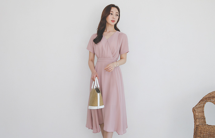 Wrinkle Chiffon Wrap Shirring Ribbon Flared Dress