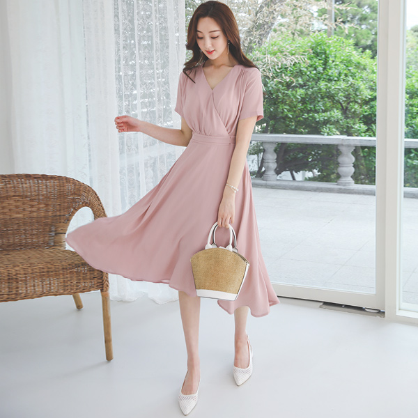 Wrinkle Chiffon Wrap Shirring Ribbon Flared Dress