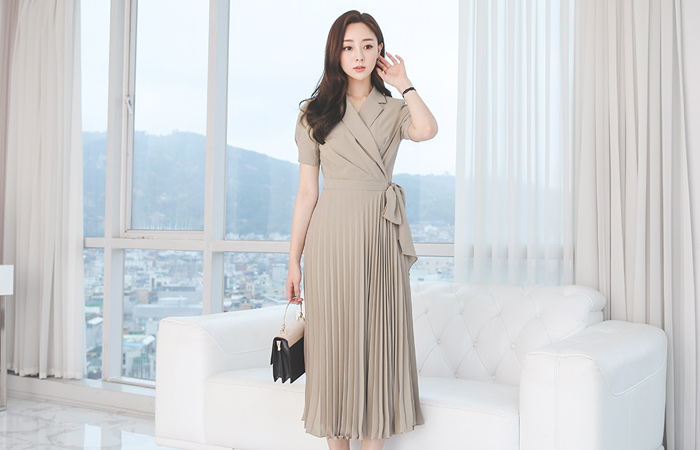 Collar Wrap Pleats Long Dress