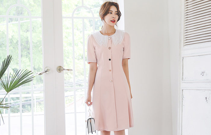 Embroidery Flat Collar multi Jewelry A-line Dress