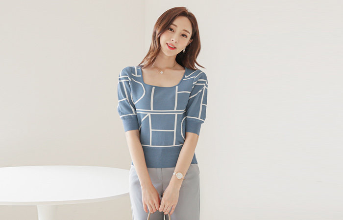 Square Neck Modern Figure Patterns Knit