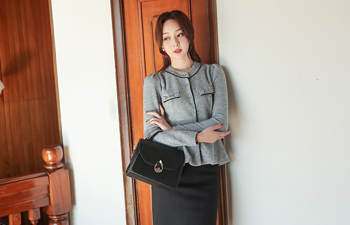 Gold Horsebit Piping Peplum Fleece Blouse