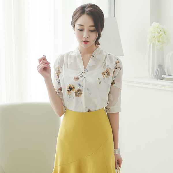 Feather Flower See-through look Blouse