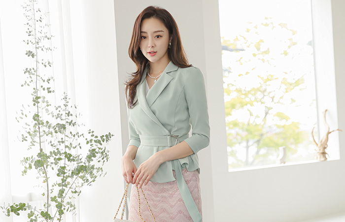 D-ring Belt Wrap-Collar Peplum Blouse&Jacket