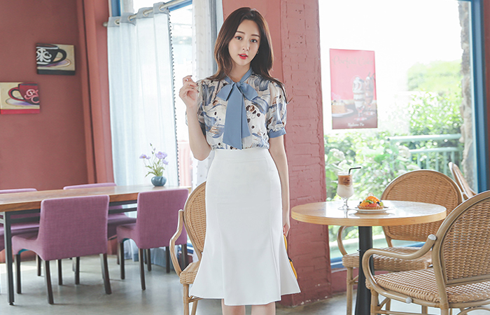 Satin Drawing Ribbon-Tie Blouse&Mermaid Skirt SET