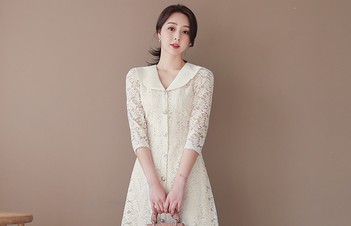 Pearl Tweed Sailor Collar Pearl Buttons Lace Dress