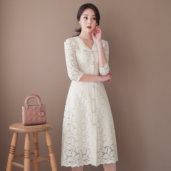 Pearl Tweed Sailor Collar Pearl Buttons Lace Dress