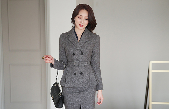 Fleece Check Double-button Belt Peplum Jacket