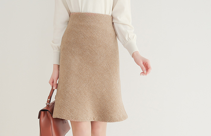 Hound's-Tooth Check Wool Bell line Skirt