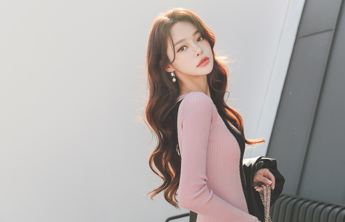 Oblique Color Combination Slim Corduroy Knit Dress