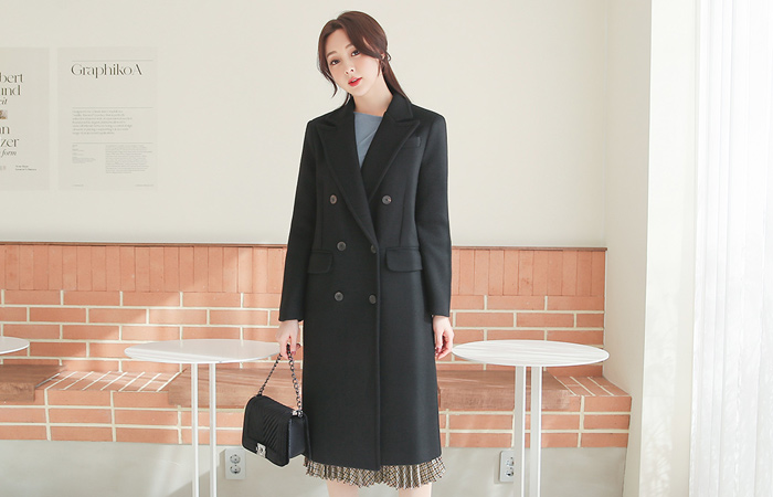 Double-button Peaked Collar Boxy Wool Long Coat
