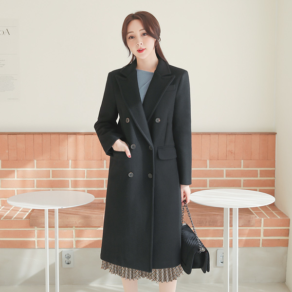 Double-button Peaked Collar Boxy Wool Long Coat