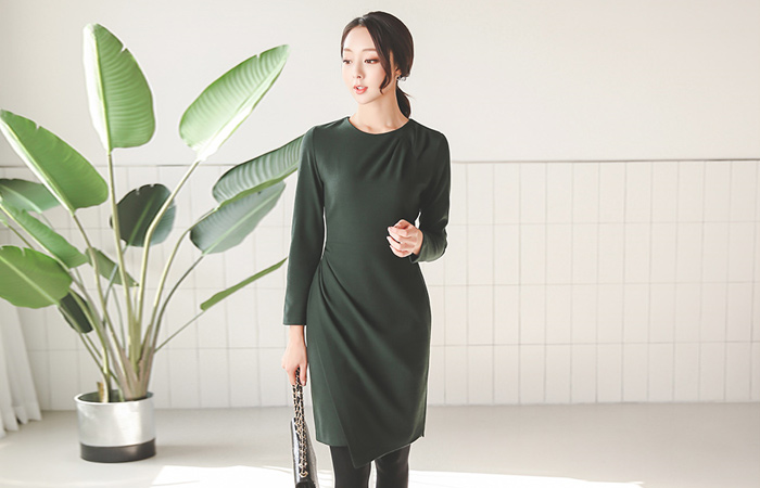 Pin Check Wrapped Cutting Pinch Shirring Dress