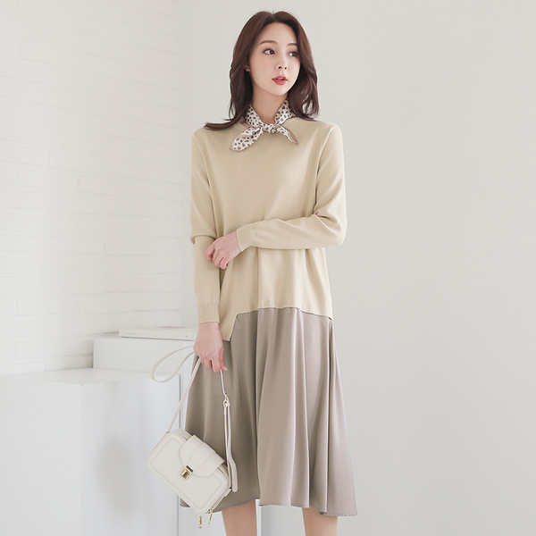 Easy Unbalance Knit layered Satin Long Dress