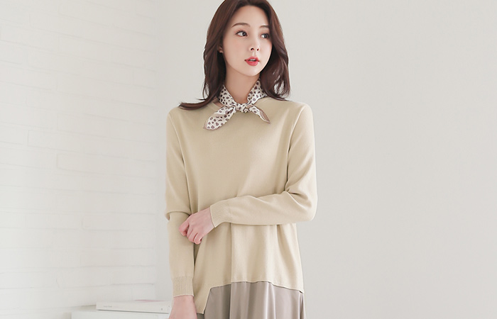 Easy Unbalance Knit layered Satin Long Dress