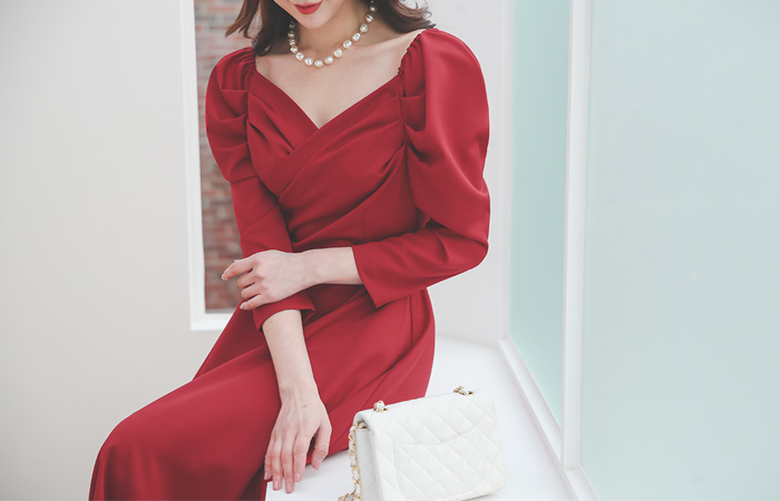 Shirring Heart Neck Puff Off Shoulder Dress