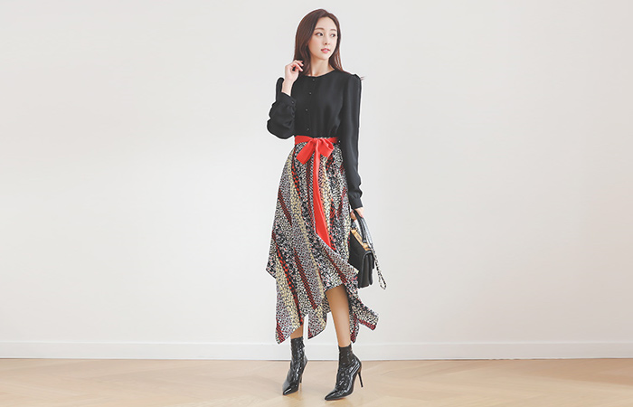 unique mix Flower Ribbon Belt Unbalance Dress