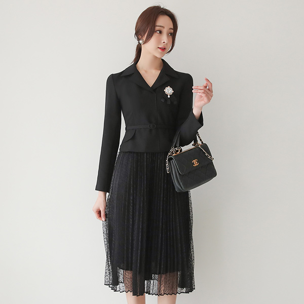 Classy Jacket layered Pleats Lace Dress